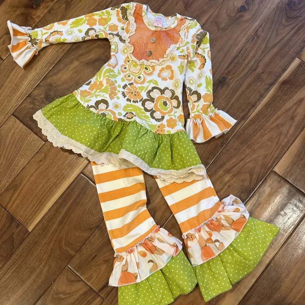 Giggle Moon Girls Long Sleeve Dress Pants Set 4t Ruffles Long Sleeve Orange Fall